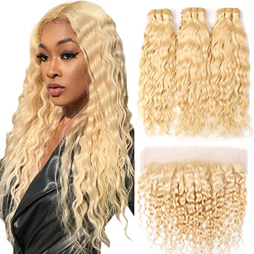 613 Blonde Human Hair Bundles with Frontal Water Wave Brazilian Virgin Hair Water Wave 3 Bundles with Lace Frontal (22 24 26 with 18 inch) Free Part Blonde Bundles with Frontal(22 24 26 with 18 Inch)