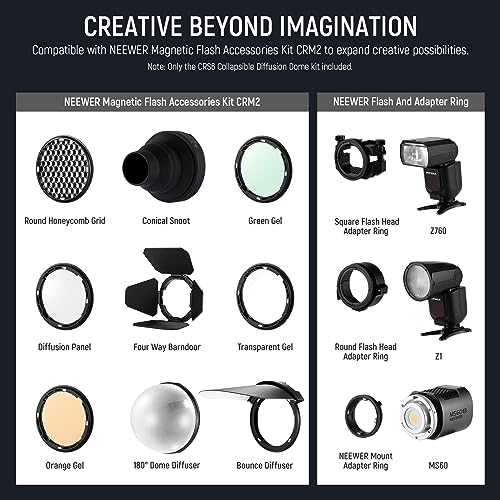 Image of NEEWER CRS6 Softbox Diffusion Dome with 3 Adapter Rings, Compatible with Godox V1 Z2PRO Z3R Round Head Flash and Square Speedlite Z880 and More, NEEWER Mount for Video Light MS60B MS60C MS150B