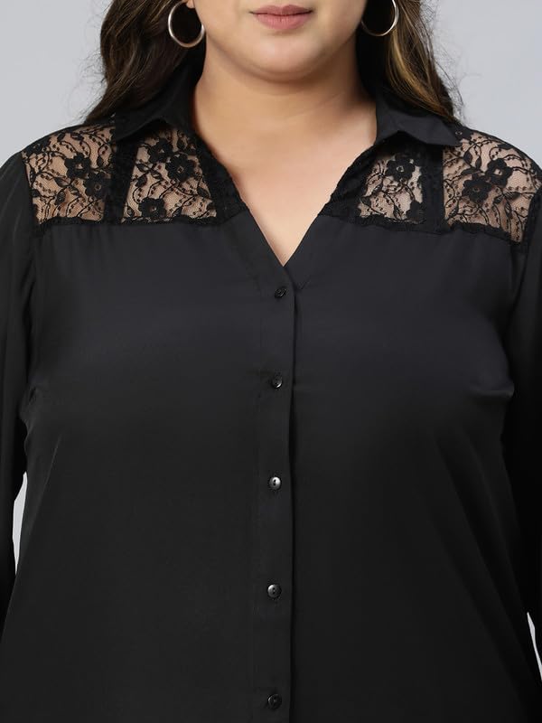 Image of oxolloxo Women Plus Size lace Detailed Collared Long Sleeve Shirt
