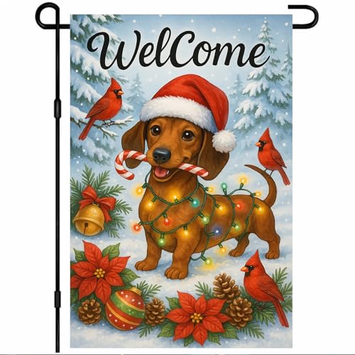 Image of BlissYard Christmas Garden Flag 12x18 Inch Welcome Dachshund Dog Outdoor Flag Double Sided Holiday Yard Banner with Santa Hat Lights Candy Cane and Red Bird for Porch Lawn Patio