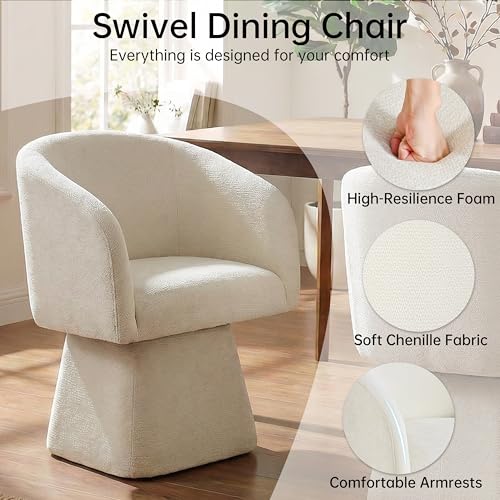 Image of VKNOW Upholstered Swivel Dining Chairs Set of 2 with Barrel Back and Arm | Modern Accent Arm Chair with Thickened Cushion, Soft Chenille Fabric, for Dining Room, Living Room, Vanity, Beige