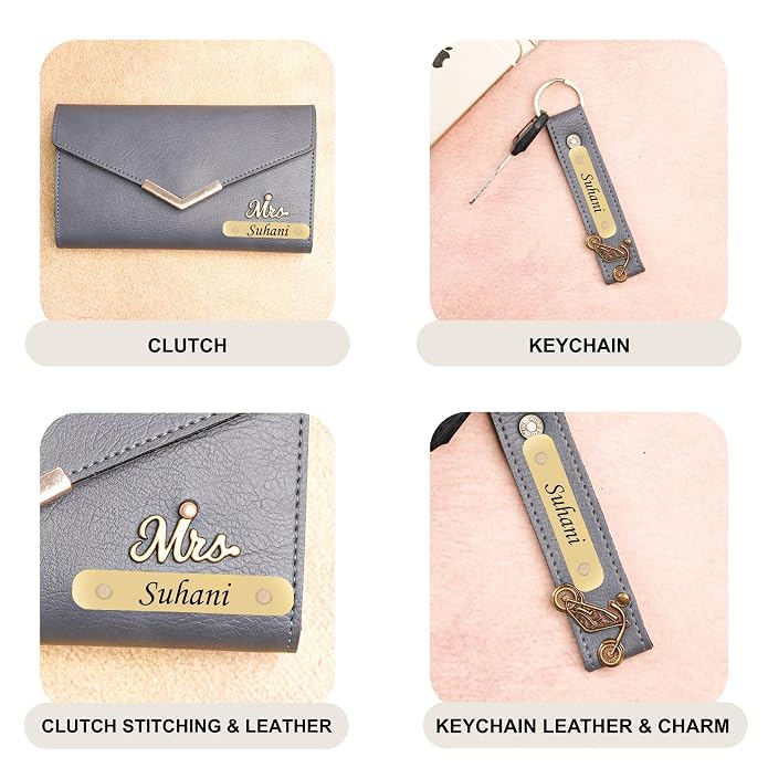 Image of WALLETKART Personalized Leather Women's Clutch with Name & Charm | Customized Clutch for Girlfriend Friend Wife Mother & Sister