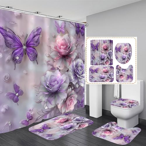 DDQQ 4Pcs Purple Glitter Floral Shower Curtain Set Bathroom Sets Butterfly Diamond Shower Curtain with 12 Hooks Bathroom Decor with Rugs Bath Accessories with Mats Toilet Lid Cover
