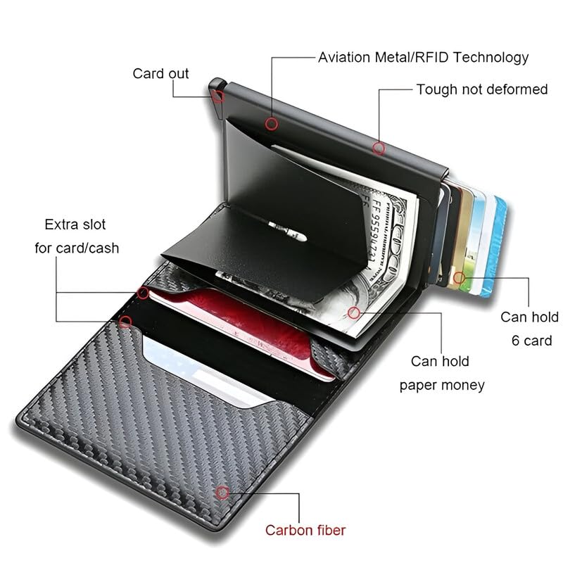 Image of VOGARD Men's Genuine Leather Wallet | RFID Blocking Aluminum Automatic Pop Up Credit Card Holder Case | Holds up to 9 Cards (24 Carbon Black)