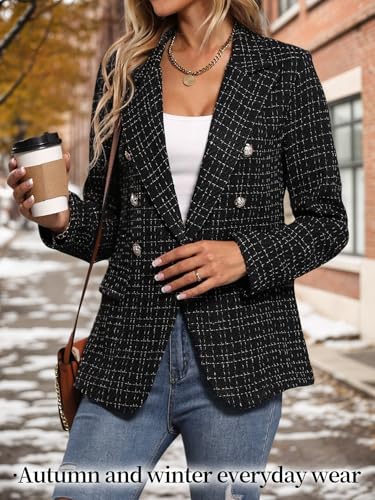 Mina Self 2025 Fall Women's Tweed Plaid Blazer Jacket - Fully Lined Fashion Business Casual Lapel Elegant Coat with Pockets2