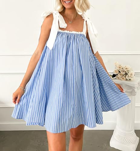 Image of Women Boho Floral Short Dress Tie Shoulder Sleeveless Dress Flowy Babydoll Mini Dresses Summer Holiday Sundress