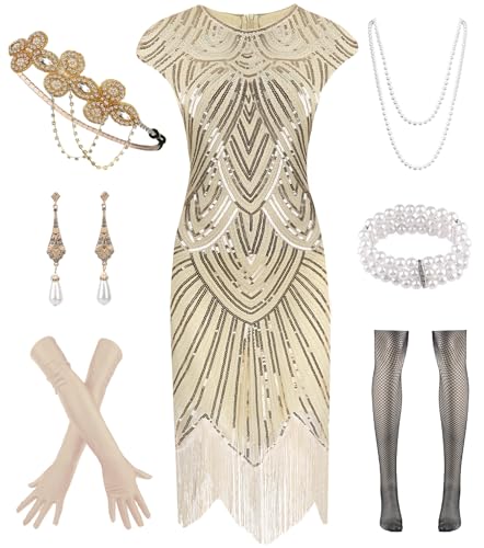 WILDPARTY Robe Annee 20 Femme,Déguisement année 20 Robe Charleston,Gatsby Accessoire Années 20 Robe à Paillettes Perles et Franges Accessoire Vintage Mafia Bas Résille Sequins Costume Tenue Abricot