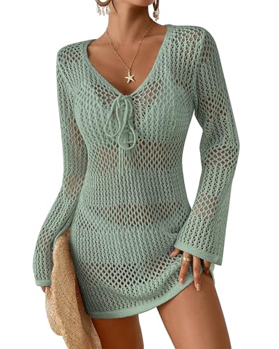 Image of Bsubseach Women Swimsuit Crochet Coverup Long Sleeve V Neck Beach Dress