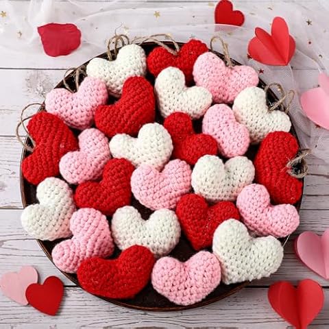 Briwooody 24 Pcs Valentine's Day Ornaments Knitted Crochet Heart Ornaments Handmade Tree Decoration Heart Bauble Fillers Valentine Gift Ideal for Christmas Tree Party Home Decor(Red, Pink, White) Cover