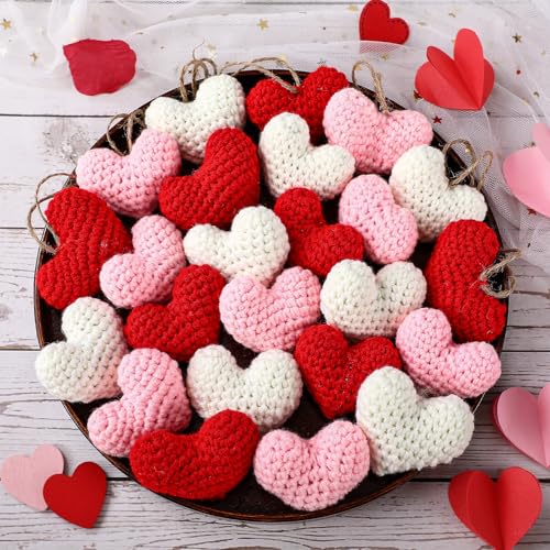 Briwooody 24 Pcs Valentine's Day Heart Ornaments Knitted Crochet Heart Tree Ornament 2.56 Inch...