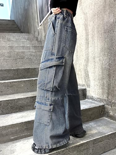 Image of Rolanko Girls Cargo Pants Baggy Y2K Cargo Trousers Jeans Wide Leg Pants with Multi Pockets 4-15 Years