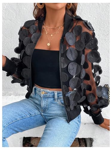 Milumia Women's Appliques Sheer Mesh Bomber Jackets Y2k Zip Up Jacket Outerwear2