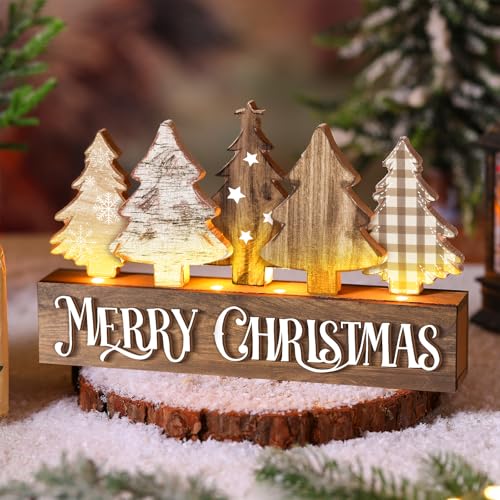 Chunful Light up Christmas Table Decor, Rustic Wooden Christmas Tree Sign