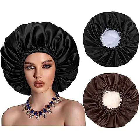 Satin Bonnet Silk Hair Cap: 2pcs Double Layer Reversible Extra Large Jumbo Adjustable Satin Lined Stainless Oversized Bonnets Sleep Night Cap No Slip-Off for Women Braids Sleeping (Black+Coffee) Cover