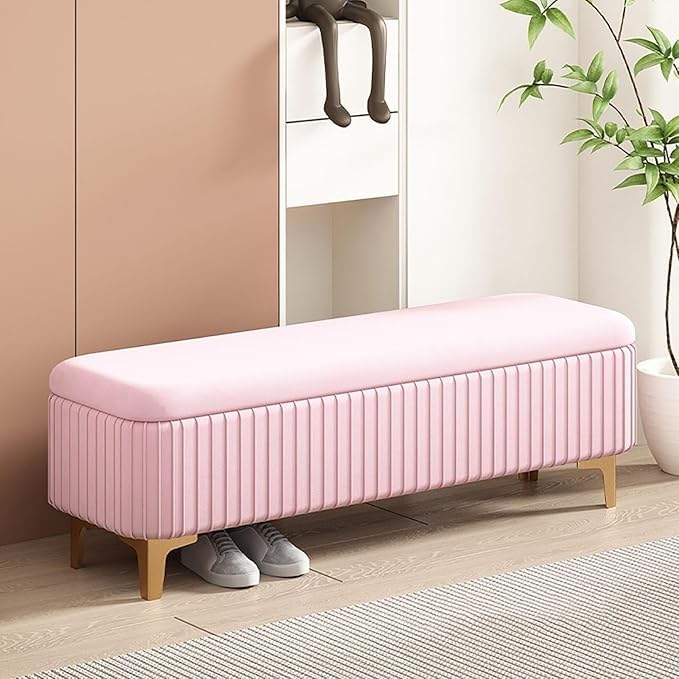 Image of LEGACY OF COMFORT Qwen Velvet Upholstered Flip Top Storage Bench 2 Seater Sofa Upholstered Ottoman Bench with Storage for Living Room, Bedroom (Light Pink)