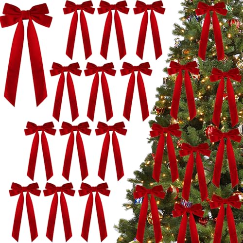 12 pcs Christmas Bows for Tree Decoration, Large Velvet Bows for Christmas Tree, Crafts Bow for Gift Wrapping, Xmas Trees Decorations, Xmas Velvet Ornaments Home Party Decor (Red)