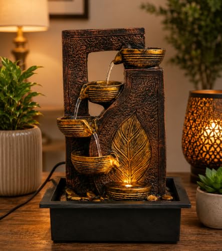 Image of CHRONIKLE Indoor Tabletop Water Fountain with Warm LED Light & Controller Pump | Golden Leaf Designer 4 Diya Step Cascade Polyresin Waterfall Fountain for Home, Meditation Decor | Brown | 40x29.5x22CM