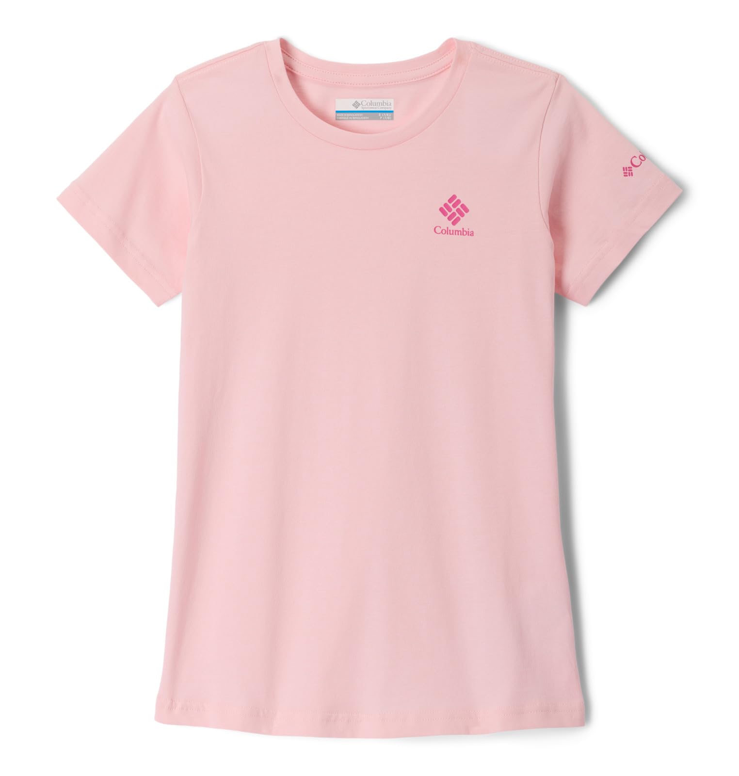 Columbia Youth Girls Mission Lake Short Sleeve Graphic Shirt, Satin Pink/CSC Stacked, Small
