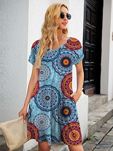 Weaczzy Women's Summer Short Sleeve Casual Dresses Swing Cover Up Loose Sundress With Pockets (Floral Mix Blue,Medium) #TOP1