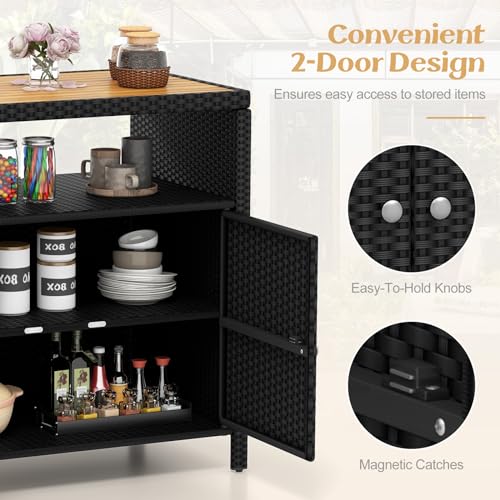Image of Tangkula Rattan Outdoor Storage Cabinet, Patiojoy Outdoor Cabinet with Acacia Wood Countertop, Open Compartment, 2-Door Wicker Sideboard, Outdoor Bar for Patio Garden Backyard Poolside (Black)