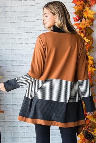 Women's Orange Colorblock Striped Patchwork Open Cardigan2