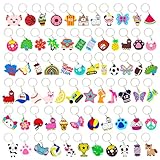 70PCS Cartoon Keychains Bulk for Kids Party Favors, Backpack Keychains Candy, Donut, Ball, Cartoon Animal Axolotl, Sloth, Hawaii Styles keychains for School Day, Classroom Prizes, Birthday Party