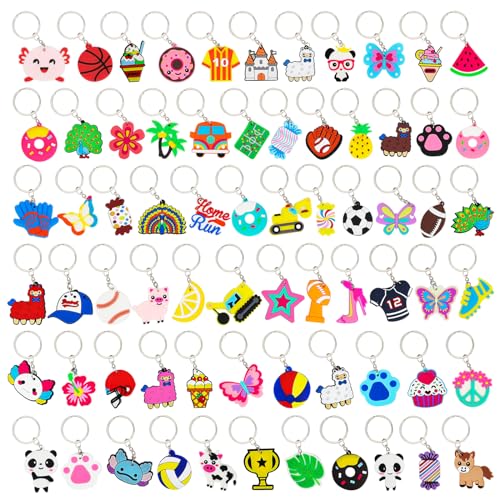 70PCS Cartoon Keychains Bulk for Kids Party Favors, Backpack Candy, Donut, Ball, Cartoon Animal Axolotl, Sloth, Hawaii Styles for School Day, Classroom Prizes, Birthday Party