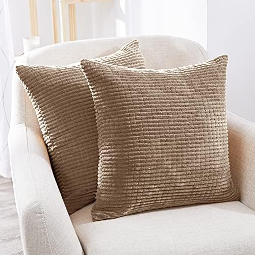 Deconovo Pack of 2, Cushion Cover with Invisible Zipper, 22x22 Inch, Taupe, Super Soft Corduroy Throw Pillow Covers with Stripes for Couch Sofa Bed