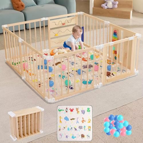 Image of Foldable Wooden Baby Playpen with Soft Play Mat, Adjustable Playpen for Babies and Toddlers with 36 Colorful Balls, Portable Baby Fence Play Area Activity Center with Gate for Toddlers(56x56x23inches)