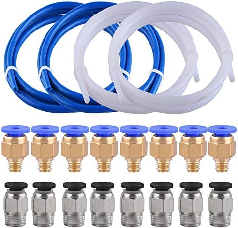 SIQUK 4 Pieces Teflon Tube PTFE Tubing(1 Meter) with 8 Pieces PC4-M6 Fittings and 8 Pieces PC4-M10 Male Straight Pneumatic PTFE Tube Push Fitting Connector for 3D Printer 1.75mm Filament