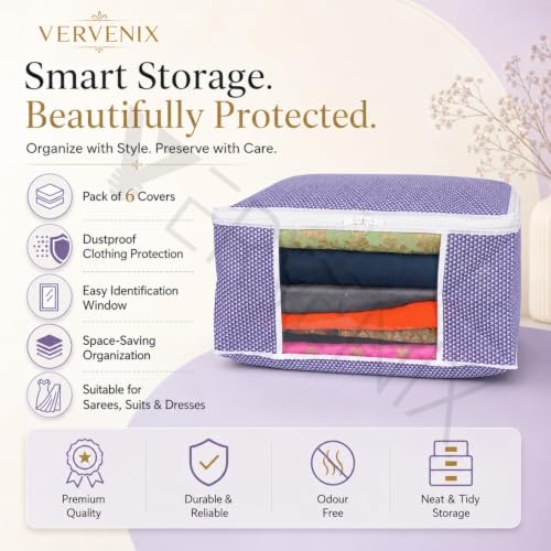Image of VERVENIX Saree Cover Pack of 12, Large Size, White & Purple Pattern Garment Storage Bags with Zipper & Transparent Window, Dustproof Clothes Cover for Sarees, Suits, Dresses, 46.3 x 36 x 22.5 CM