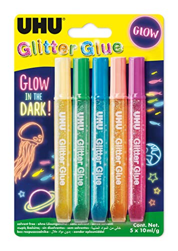 UHU Glitterlijm Glow in the dark, 10 ml, 5 stuks