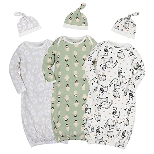 Image of Minicoco Newborn Unisex Baby Boys Girls Cotton Sleeper Gown Nightgown Sleepsuits with Hats, 0-3/0-6 Months