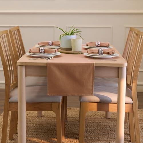 Image of Encasa XO Table Runner for 4 to 6 Seater | Cotton Canvas Fabric | Size 13x72 in | Tan Solid Color | Machine Washable & Durable