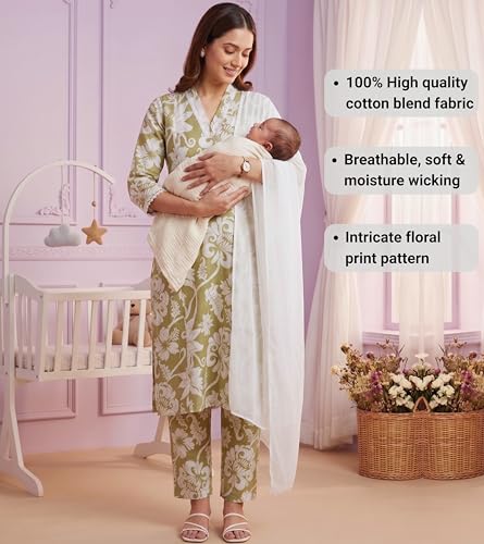 Image of DUMMY SHAPE Maternity Dresses for Women Cotton | Floral Kurta Pant Dupatta Set with Nursing Zippers, Side Pocket | Pre & Post Pregnancy | Feeding Kurti Suit | Baby Shower | Gifts for Pregnant Woman