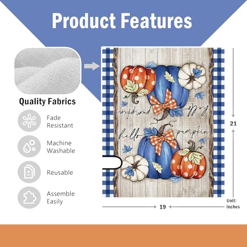 Image of Fall Hello Pumpkin Welcome Mailbox Cover Magnetic Standard Size 21 inch x 19 inch, Blue Autumn Thanksgiving Decorative Post Letter Box Wrap Decor, Plaid Farmhouse Rustic Garden Yard Outdoor Decoration