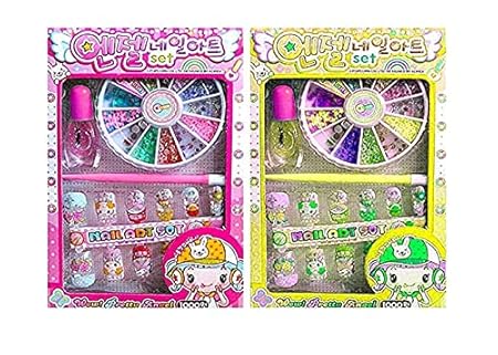 Art Kit with 14 Artificial Nails with Tools and Glitters Home Salon Birthday Gift for Girls Little Girls, Kids (Random Cute Nail Designs)(Set of 2)