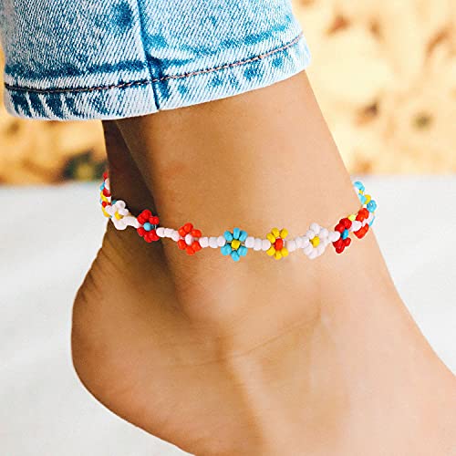 Image of Beaded Anklets for Women Boho Cute Daisy Flower Bead Ankle Bracelets Handmade Waterproof Surfer Anklet Summer Beach Foot Jewelry for Women