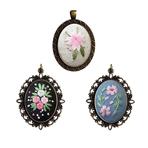 levylisa Embroidery Beginner Kit 3 Patterns Embroidery Starter Kit with Hoop Embroidered Stitching Necklace Pendants Floral Plate Jewelry Necklace for DIY Art Crafts Sewing and Hanging