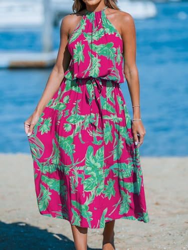 Image of CUPSHE Women's Midi Dress Halter Floral Sleeveless Belted Ruffled A Line Casual Summer Dress