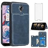 Asuwish Phone Case for OnePlus 3 3T A3000 Wallet Cover with Tempered Glass Screen Protector and Credit Card Holder Stand Cell Accessories OnePlus3 OnePlus3T 1 One Plus T 1plus T3 1+ 1+3T 1+3 Blue