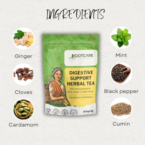 Image of Rootcare Organics green tea for Digestive 100g Pack Of 1 Month Loose Leaves With Mint & Ginger For Digestive Support Reduces Bloating and Supports Gut Health Whole Herbs Blend