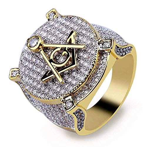 14K Gold over S925 Sterling Silver Densely Set Moissanite Ring, Freemasonry Hip-Hop Style Men's Ring, A Mystical Gift for Urban Enthusiasts, Best Gift From Son