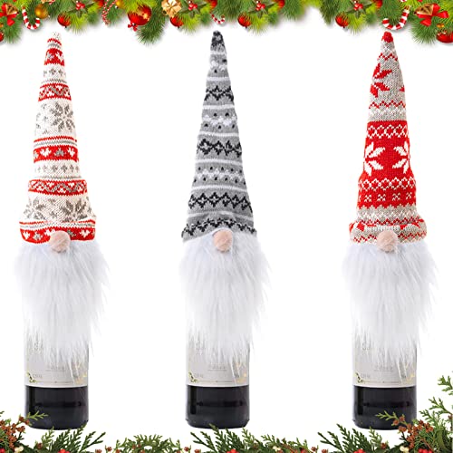 Qunkun 3 Piezas de Funda para Botellas de Vino de Navidad, sin Rostro, Sombrero de Botella de Vino de Papá Noel, Material de Franela, Funda para Botellas de Papá Noel, Cubierta para decoración Cover