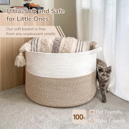 Image of INDRESSME Large Laundry Basket, 21.7'' x 13.8'' Cotton Rope Blanket Basket Living Room Toy Baskets Storage Kids, Woven Baskets for Dirty Clothes, Pillows, Towel, 90L Light Brown