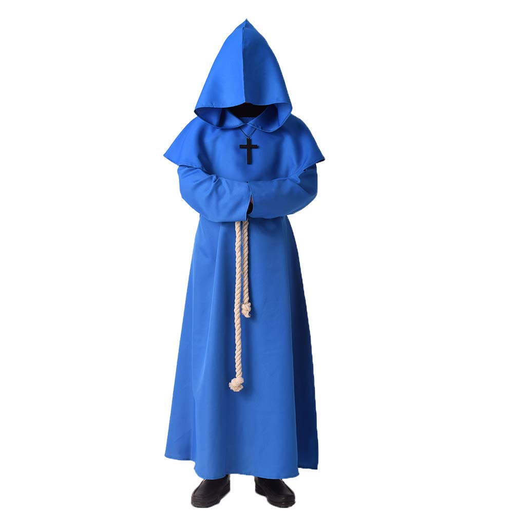 BLESSUME Monk Costume Medieval Robe Priest Hooded Renaissance Friar Cowl Outfit (M,Blue)