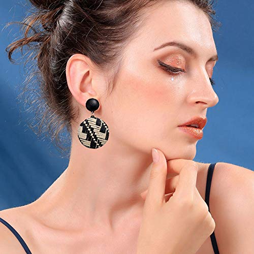 KaFu Woven Rattan Earrings Handmade Wicker Earrings Straw Knit Hoop Lightweight Bohemian Dangle Hoop Earrings Drop Dangle Geometric Statement Earrings for Women (black)3