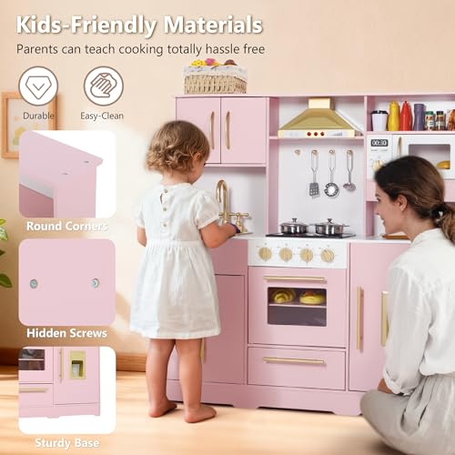 Kinder King Wooden Kids Play Kitchen, Toy Kitchen Playset for Toddler, Play Kitchen Set w/Real Sounds, Pretend Coffee Machine, Kitchen Hood, Sink, Ice Maker, Gift for Boys Girls Age 3+, Pink - Thumbnail 6