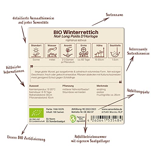 Samenliebe BIO Winterrettich Samen Noir Long Poids D'Horloge würziger Rettich langes Wintergemüse schwarz weiß 100 Samen samenfestes Gemüse Saatgut für Gewächshaus Freiland und Balkon BIO Gemüsesamen - Image 5