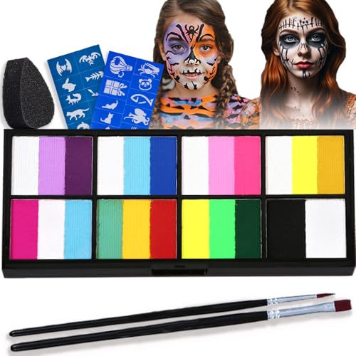 Face Painting Kit - Professional Rainbow Split Cake for Body & Face Makeup, Water Activated, 8 x 10g, with Stickers, Brushes, Sponges, for Halloween, Christmas, Easter, Parties